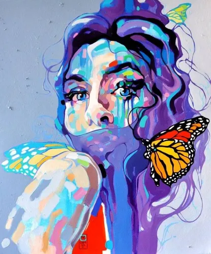 девушка, лицо, бабочки, фиолетовые