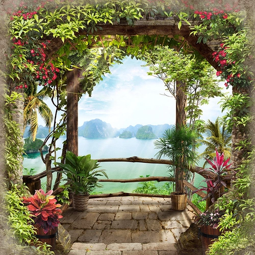 арка, вид на море, зелень, растительность, цветы, море, зеленые, коричневые