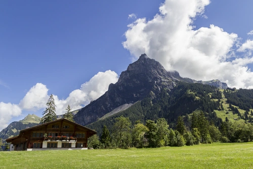 гора, облака, природа, дом, швейцария, белые, синие, зеленые